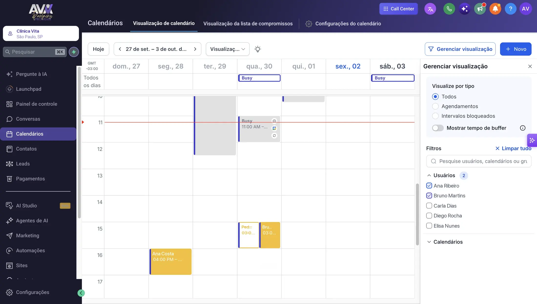Calendário semanal da equipe com compromissos e filtros por usuário