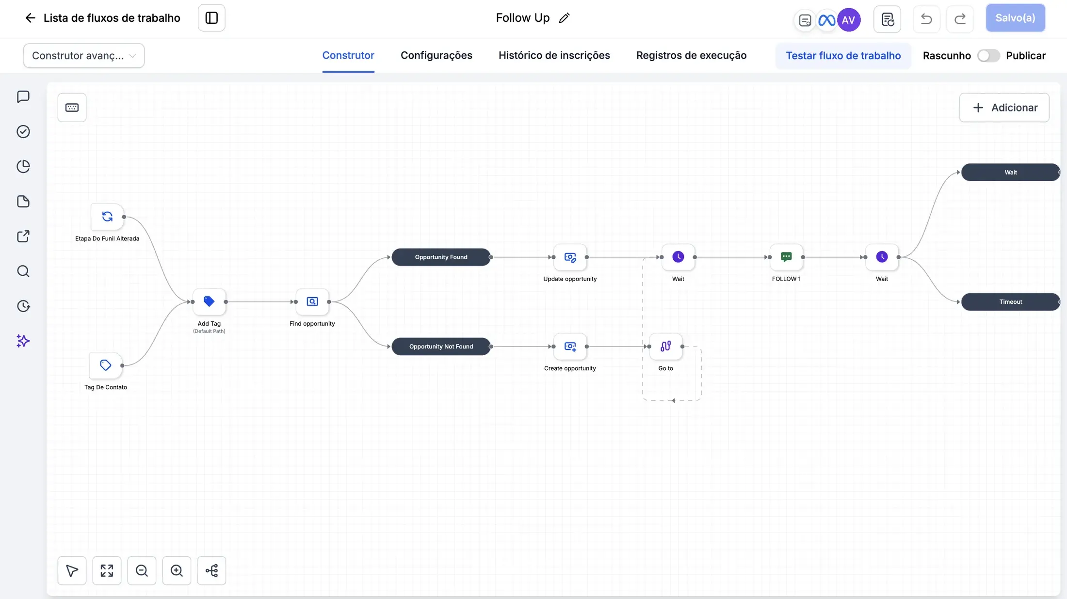 Editor de workflow de follow-up com gatilhos, esperas e mensagens