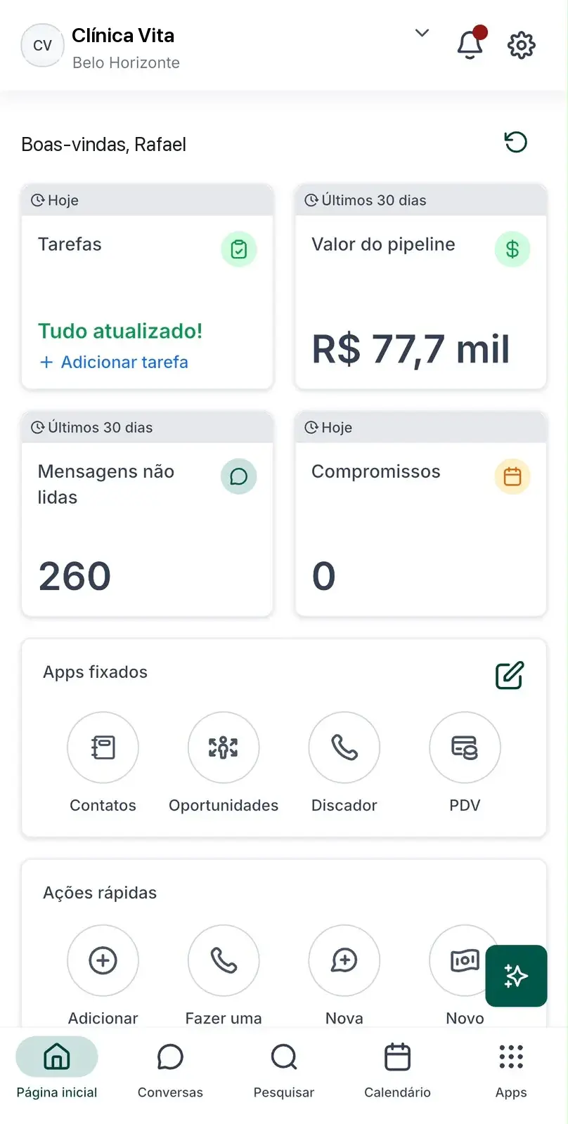 App do GoHighLevel no celular com tarefas, valor do pipeline e mensagens